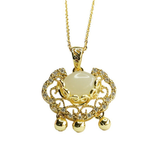 Zircon Ruyi Lock Pendant crafted from Hetian Jade and Sterling Silver