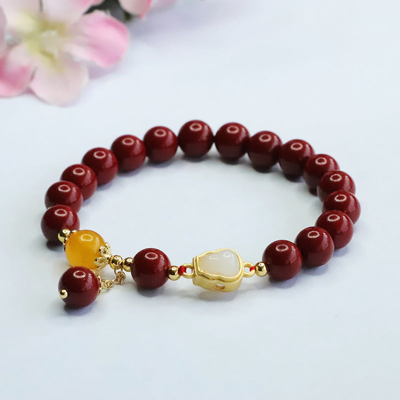 Gourd and Jade Sterling Silver Bracelet with Cinnabar Stones