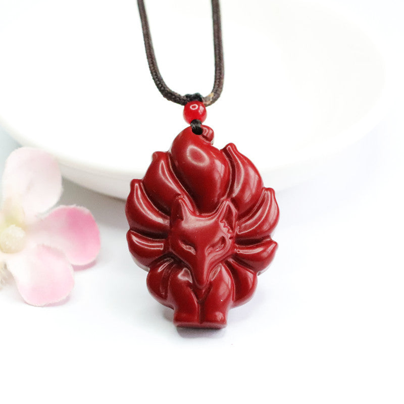 Nine Tailed Fox Sterling Silver Pendant with Cinnabar Stone