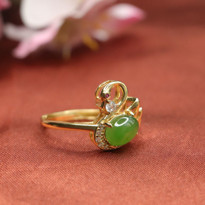 Fortune's Favor Adjustable Hetian Jade and Green Jasper Swan Zircon Ring