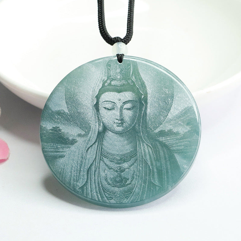 Guanyin Bodhisattva Carved Jade Pendant with Sterling Silver Chain