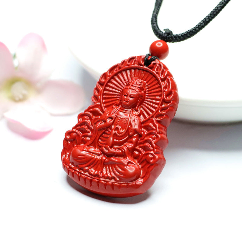 Lotus Guanyin Cinnabar Pendant with Sterling Silver