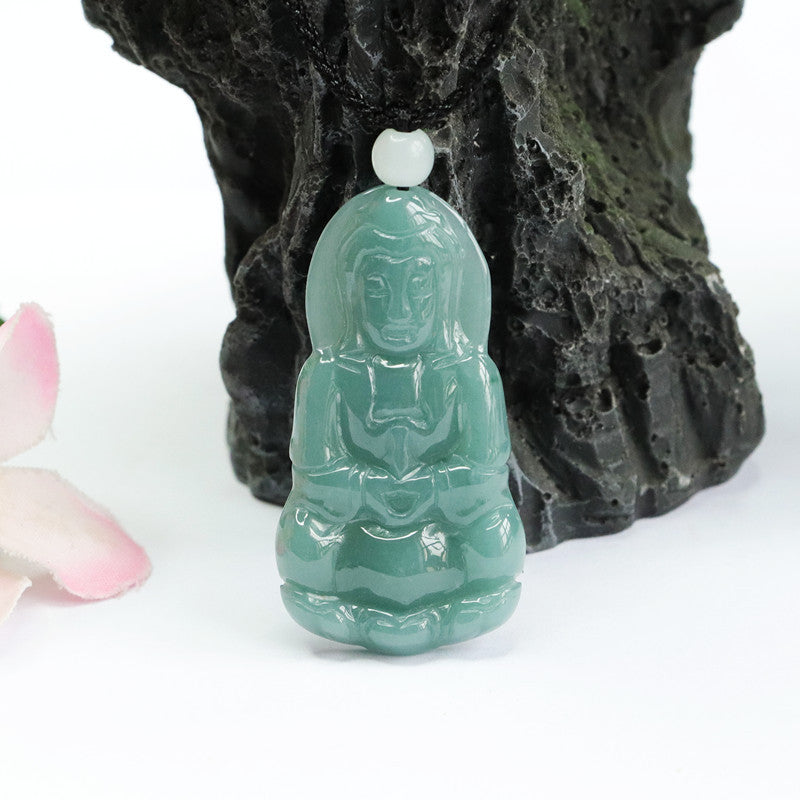 Green Jade Guanyin Pendant in Sterling Silver