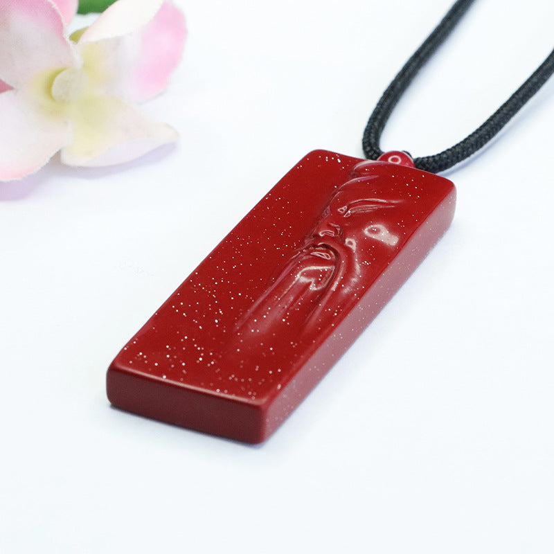 Purple Gold Sand Cinnabar Guanyu Rectangle Pendant with Sterling Silver