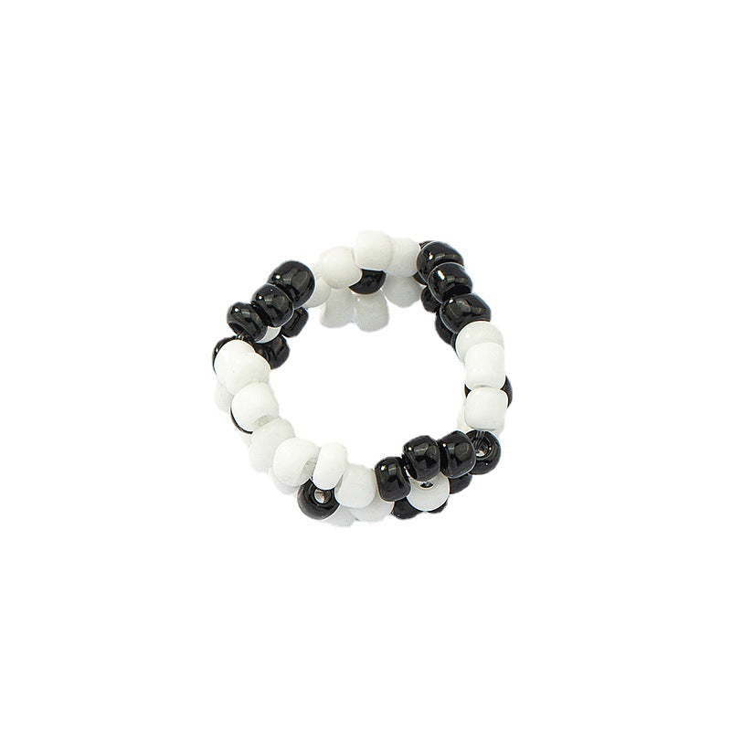 European and American Summer Jewelry Collection: Handcrafted Black and White Beaded Flower Ring