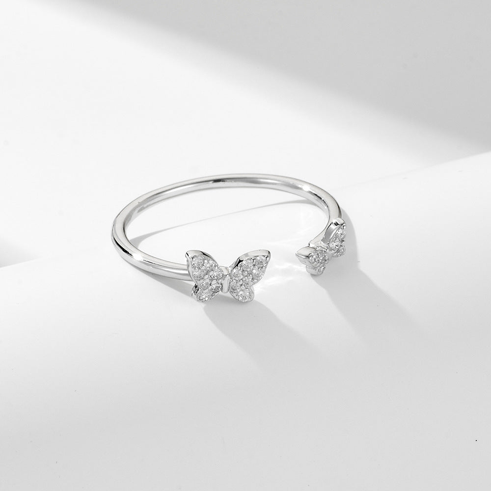 Two Zircon Butterflies Opening Silver Ring