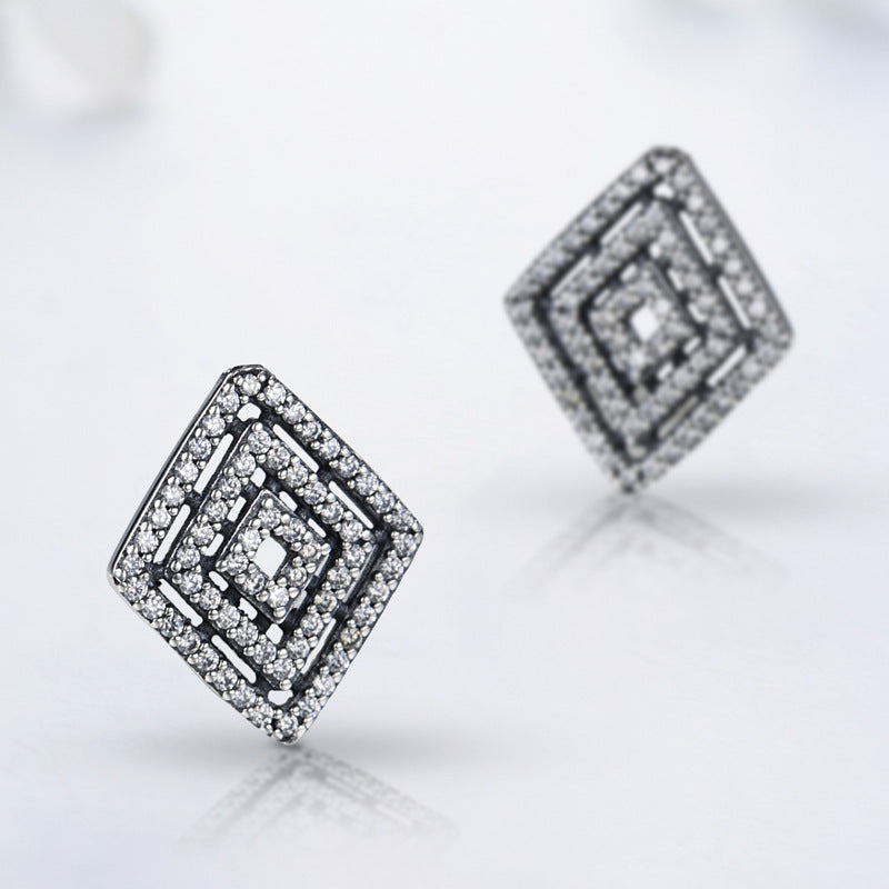 Exaggerated Vintage Diamond Shape Sterling Silver Earrings with Zircon Gemstones