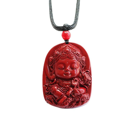 Baby Tara Buddha Purple Gold Sand Pendant with Cinnabar Stone