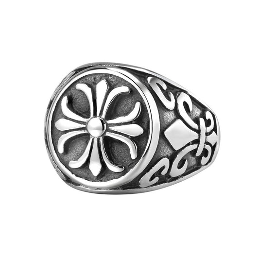 Relief Cross Flower Round Titanium Steel Ring for Men