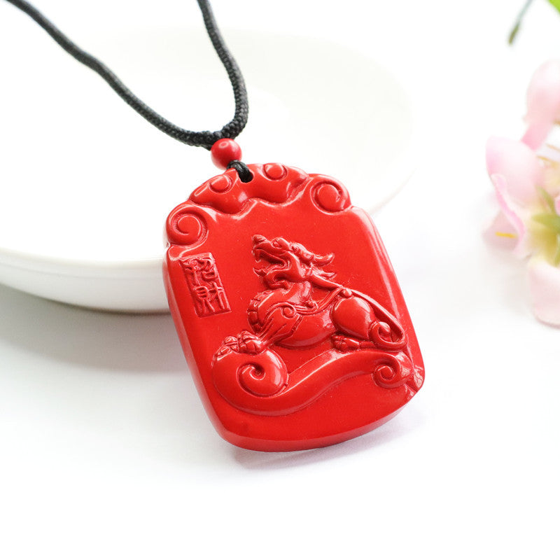 Red Sand Cinnabar Ruyi Unicorn Auspicious Cloud Sterling Silver Pendant