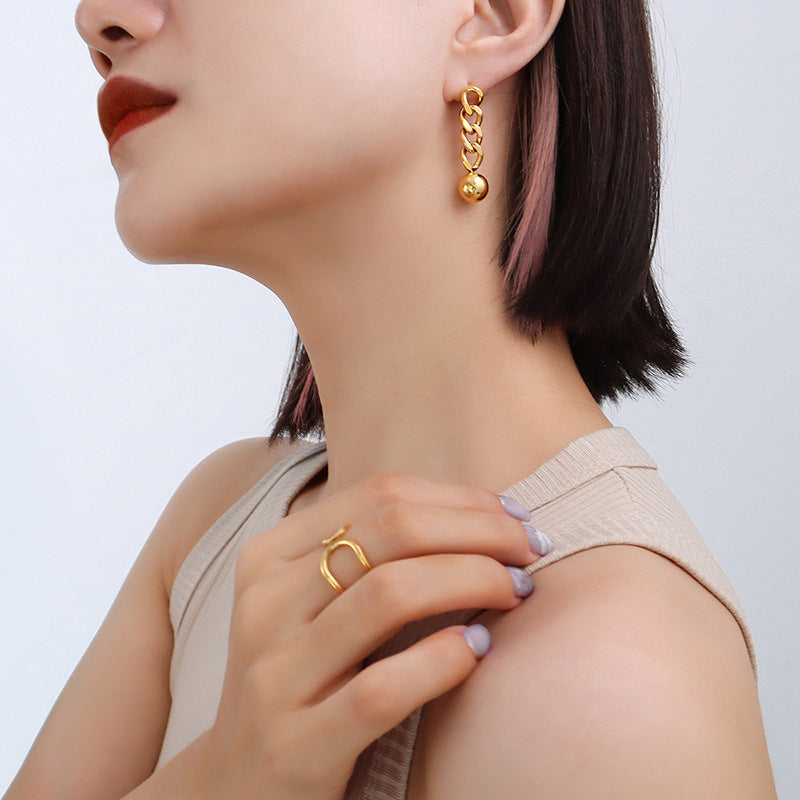 Retro Chain Steel Bead Earrings with 18K Gold Plating and Geometric Design