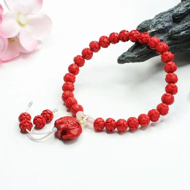 Lucky Elephant Cinnabar Lotus Bead Sterling Silver Bracelet