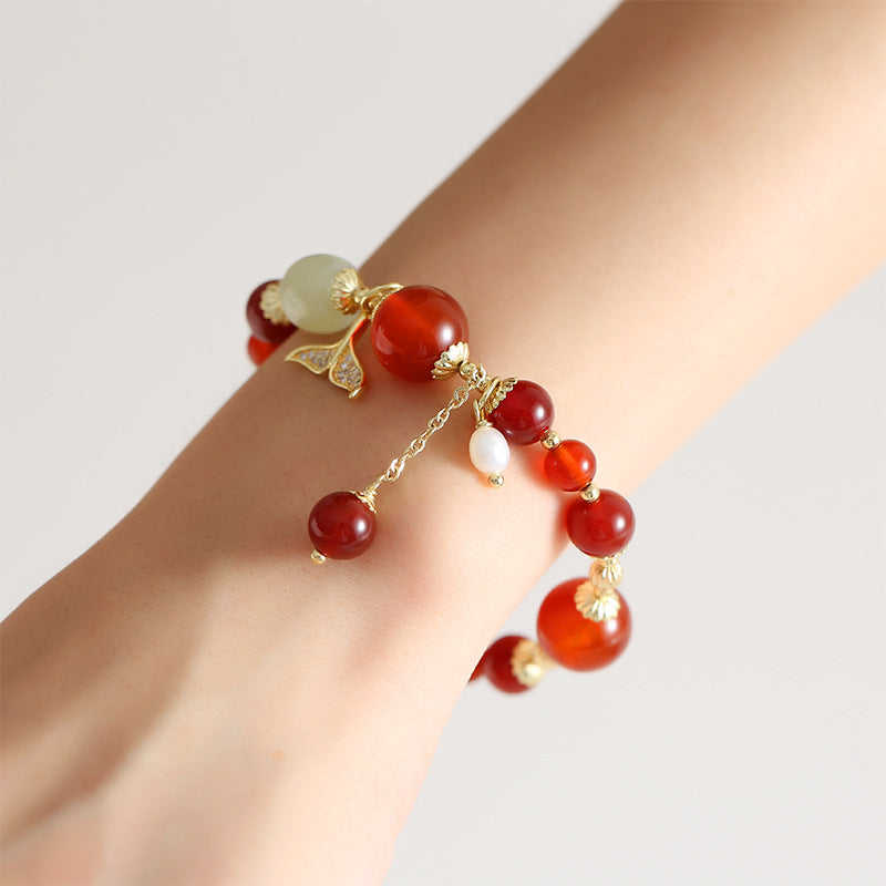 Chinese Style Red Agate and Sterling Silver Bracelet