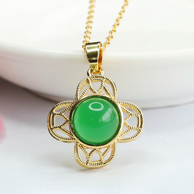 Green Chalcedony Floral Hollow Pendant with Sterling Silver Crown