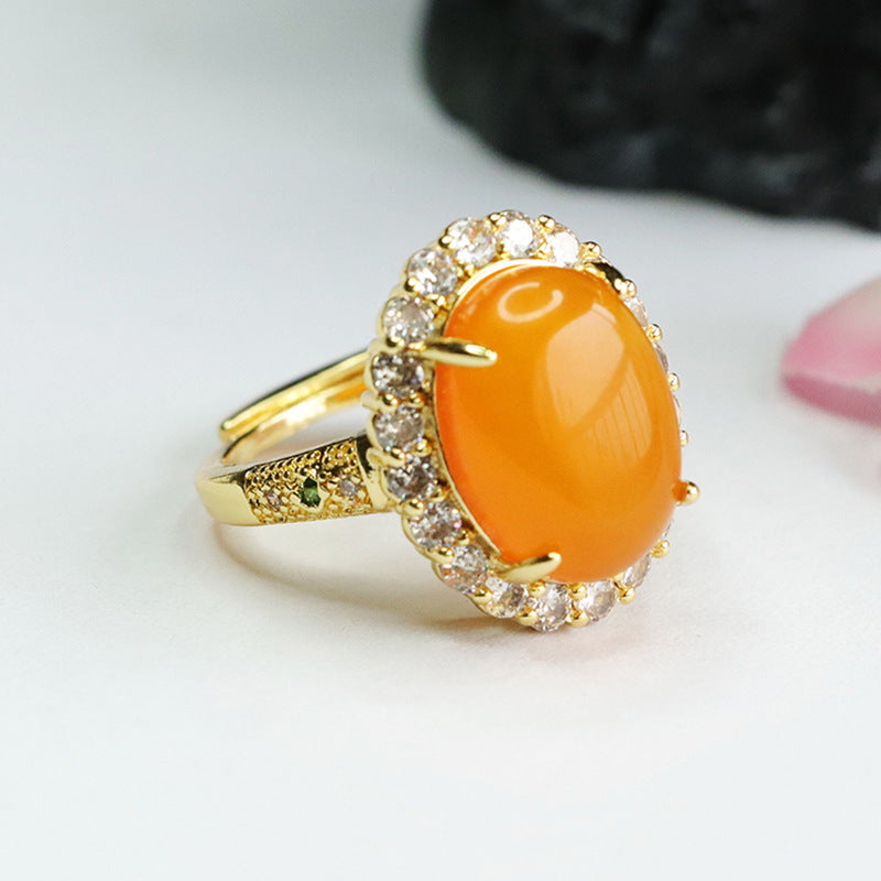 Luxurious Beeswax Amber Sterling Silver Ring with Zircon Halo