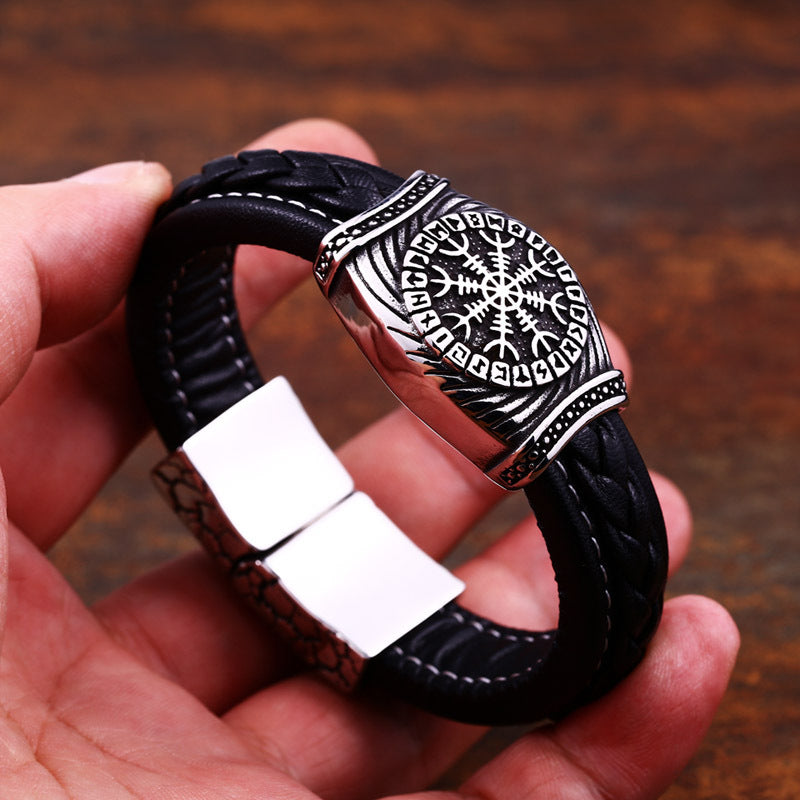 Viking-Inspired Stainless Steel and Leather Wide Bracelet for Men – Retro Engraved Jewelry