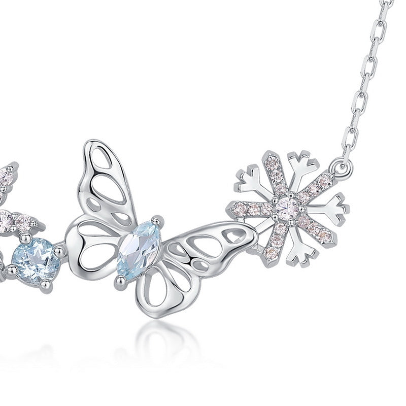 Hollow Butterfly Zircon Snowflake Sterling Silver Necklace