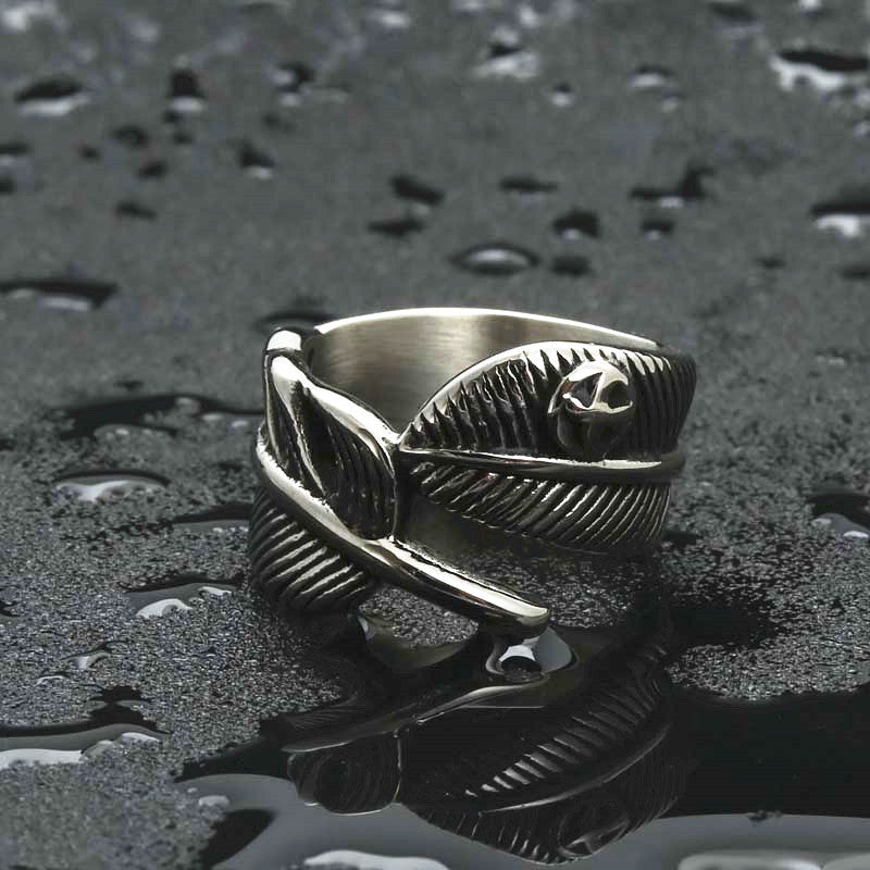 Titanium Steel Feather Ring for Men - Retro Punk Wing Design by Planderful