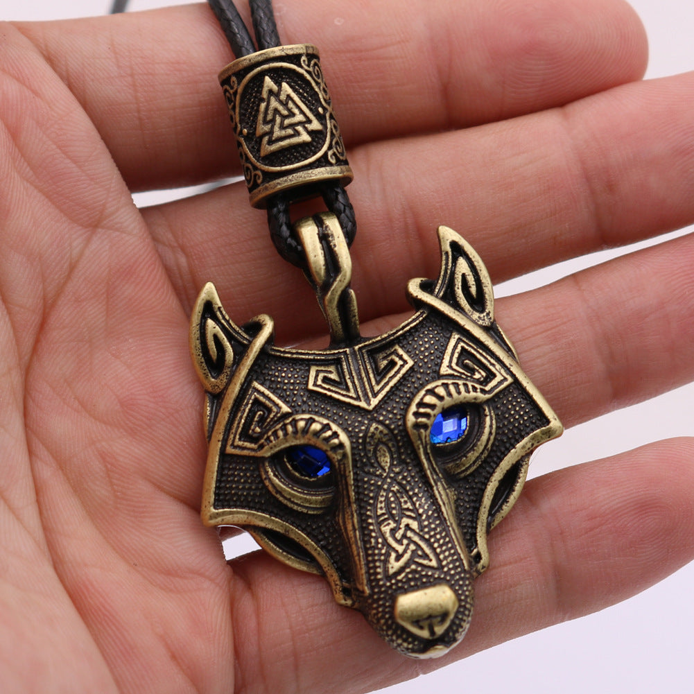 Viking Wolf Head Necklace with Celtic Knot Rune Beads for Men from Norse Legacy Collection