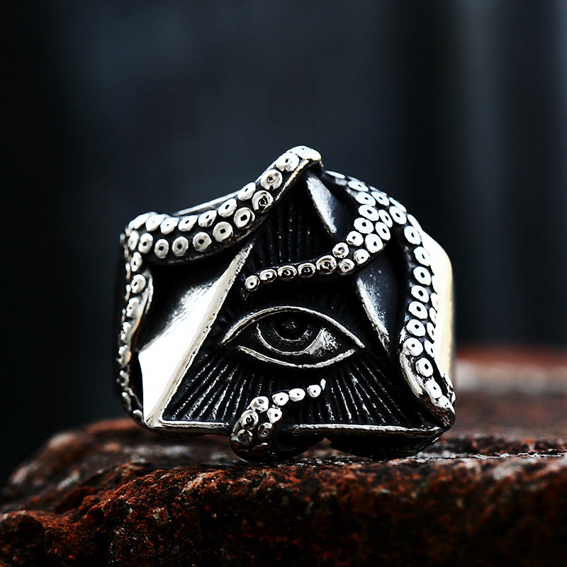 Titanium Steel Devil's Eye Octopus Ring for Men - Retro Triangle Design, Wholesale Available