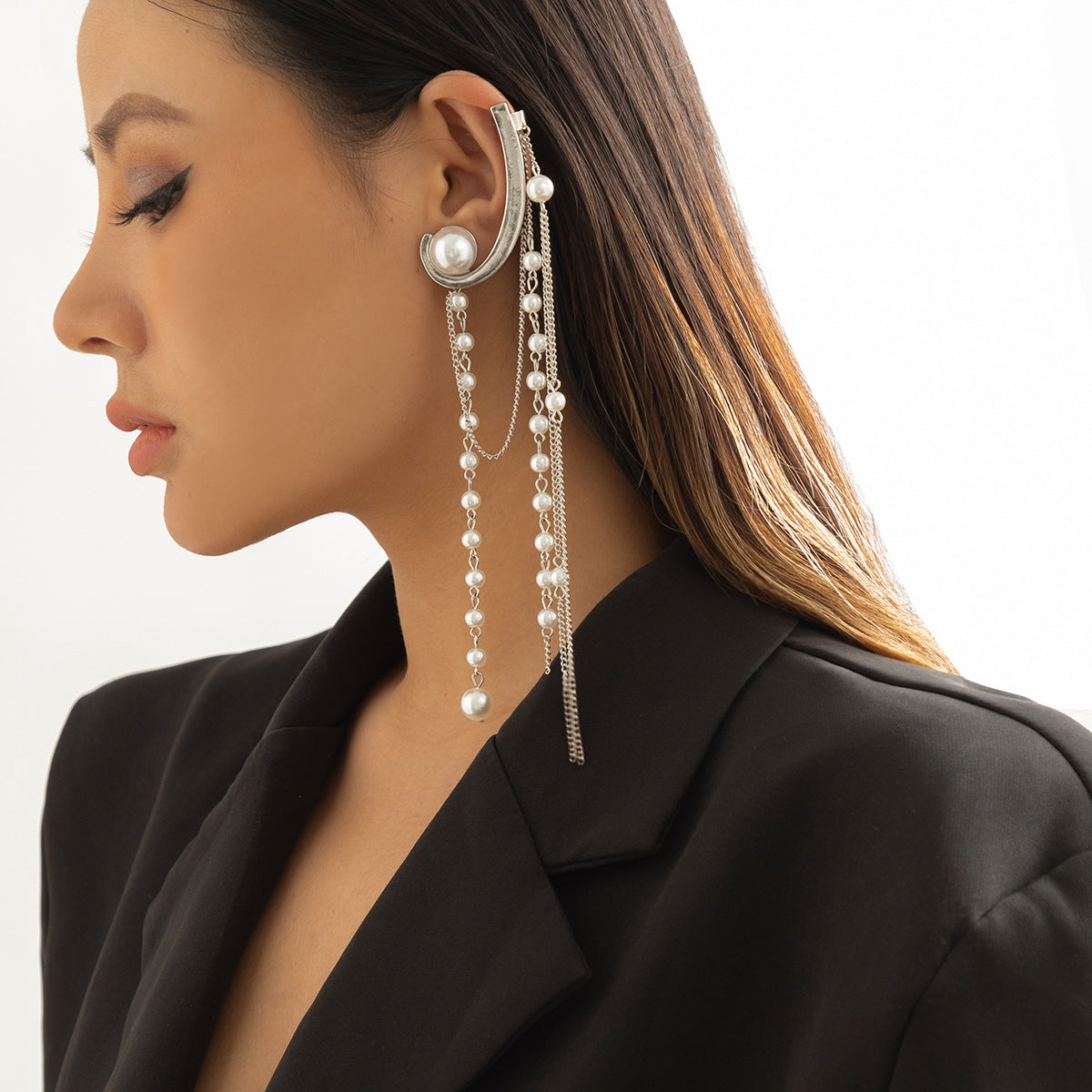 Trendy Single Pearl Tassel Ear Clip Earring from Vienna Verve Collection