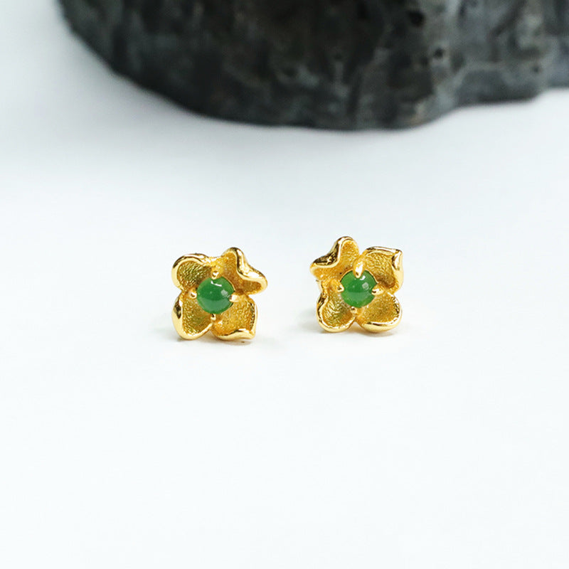 Green Jade Flower Sterling Silver Stud Earrings