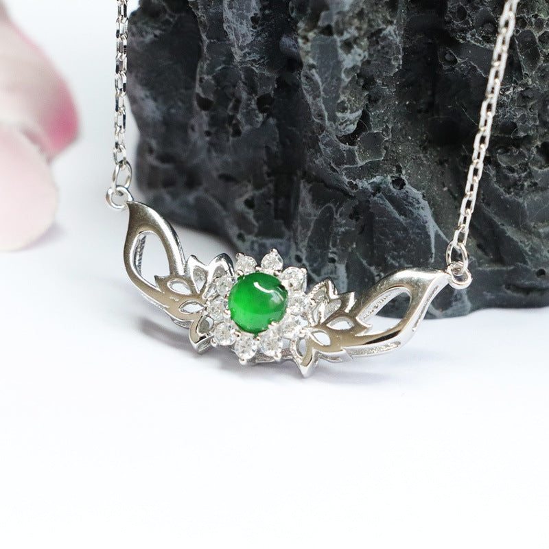 Ice Emperor Green Jade Lotus Necklace with Zircon Accent