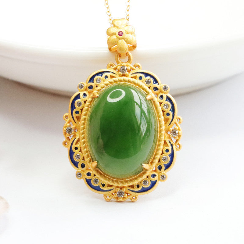 S925 Silver Natural Hetian Jade Pendant Oval Jasper Enamel Blue Necklace