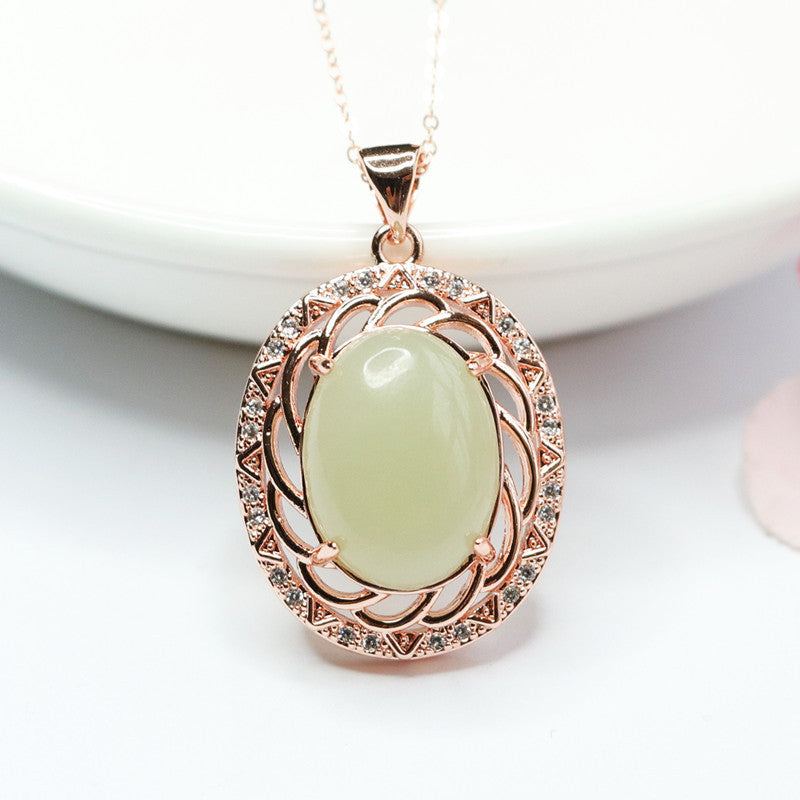 Hollow Flower Zircon Sterling Silver Necklace with Natural Hetian Jade