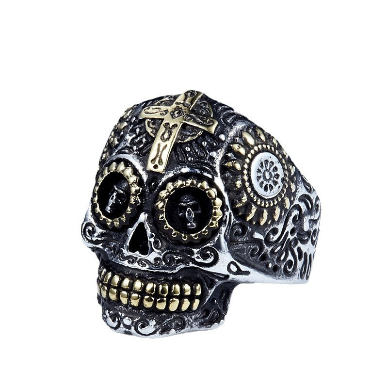 Titanium Steel Skull Cross Ring for Men - Retro European and American Design