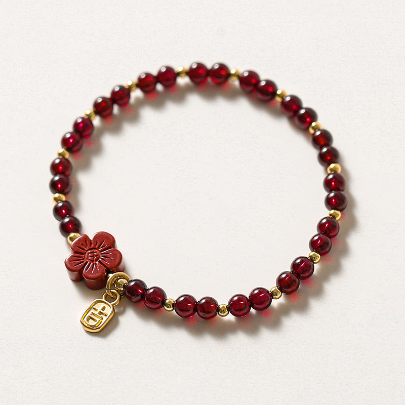 Little Red Flower Garnet Elastic Rope Bracelet with Gold Beads