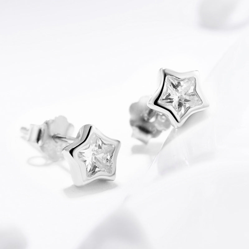 Forest Style Zircon Studded Star Earrings in Pure Silver