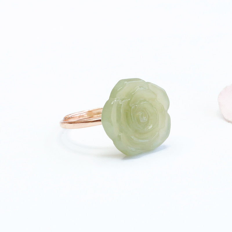 Sterling Silver Hetian Jade Rose Ring in Adjustable Design