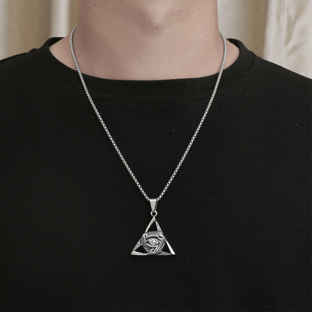 Titanium Steel Devil's Eye Pendant Necklace for Men - Retro Triangular Guardian Design