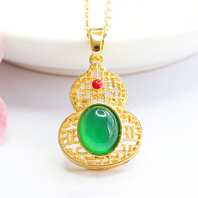 Natural Green Chalcedony Red Agate Hollow Gourd Golden Pendant Ethnic Style