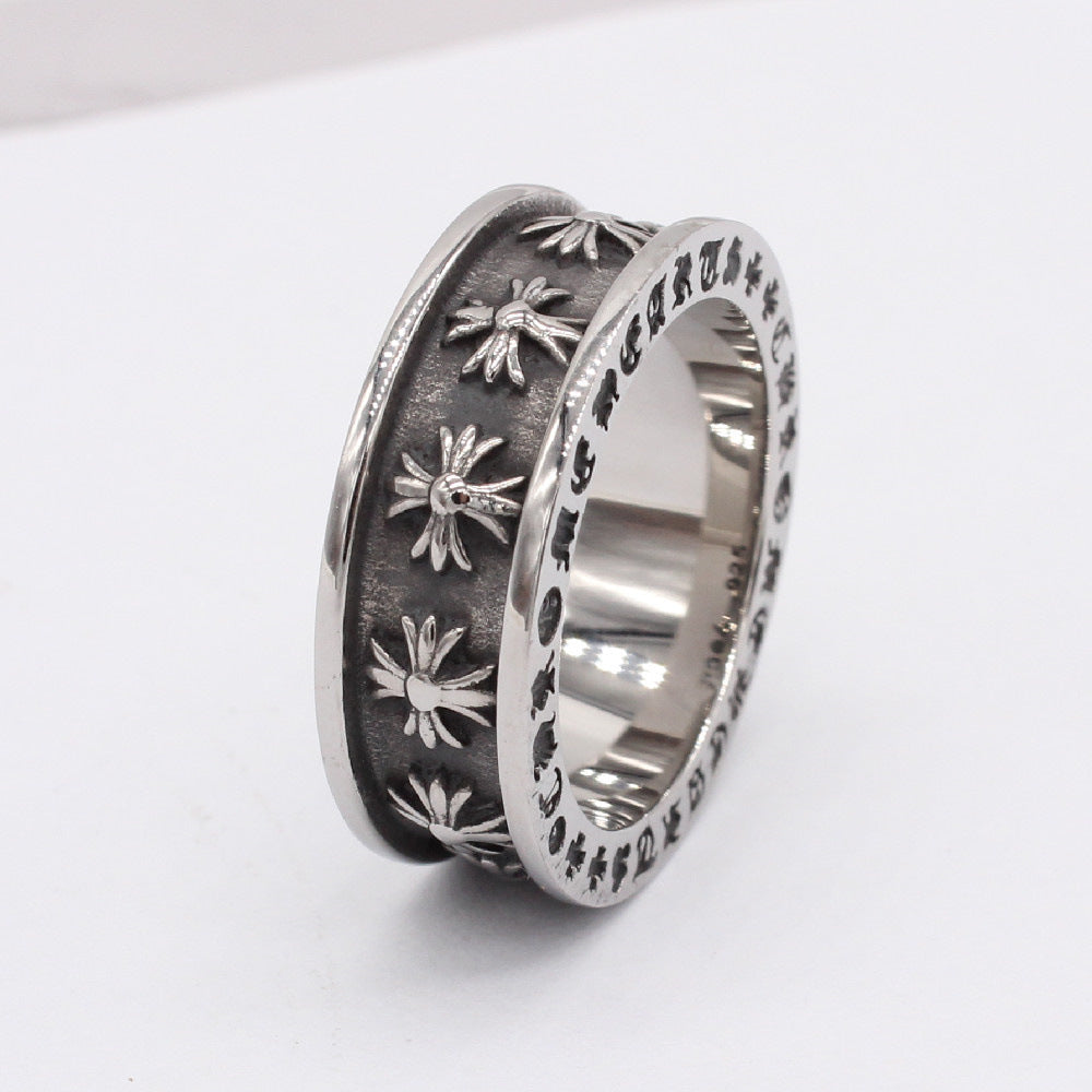 Row of Cross Flower Grooved Titanium Steel Ring for Men