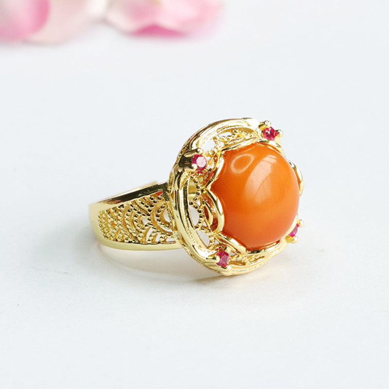 Golden Honey Wax Amber Fortune Ring with Sterling Silver