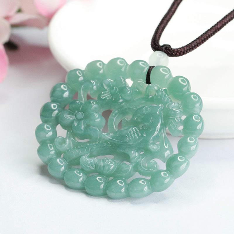 Joyful Magpie Jade Pendant with Floral Carving in Blue-Green Hollow Round Pendant