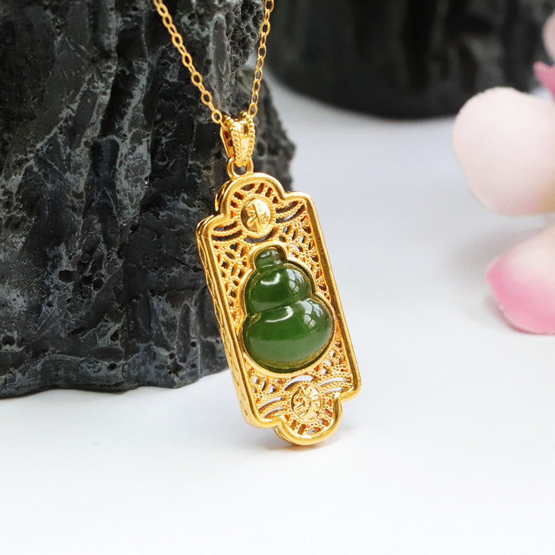 Jasper Gourd Hollow Rectangle Sterling Silver Necklace with Hetian Jade