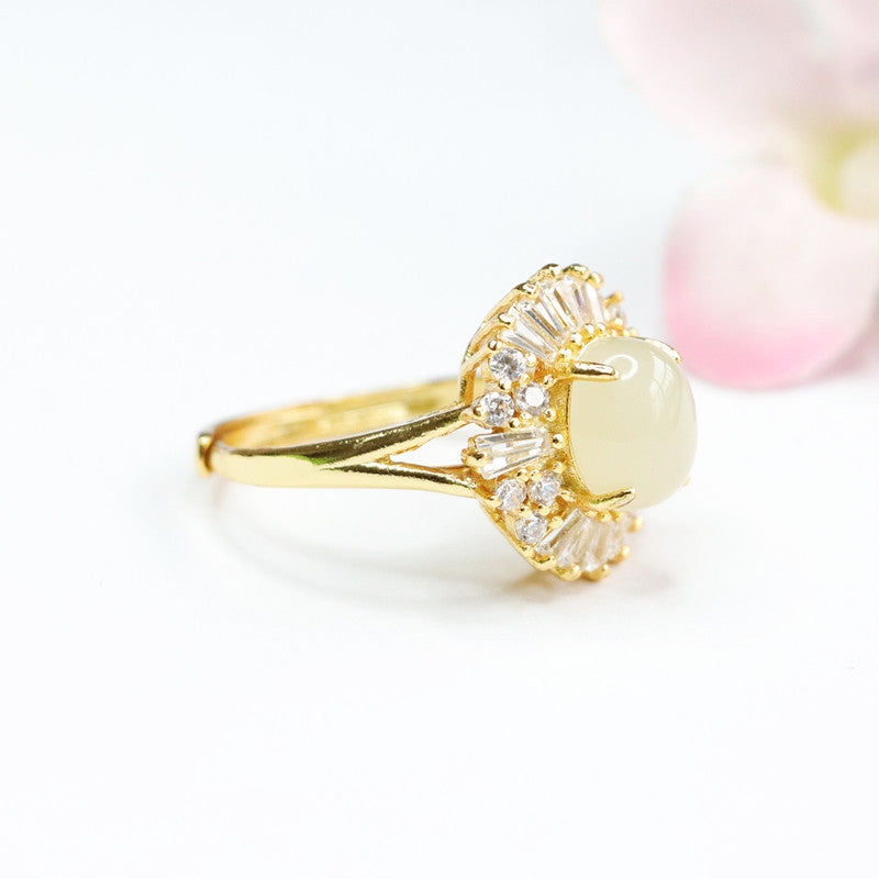 Elegant Hetian Jade Oval Ring with Zircon Accent