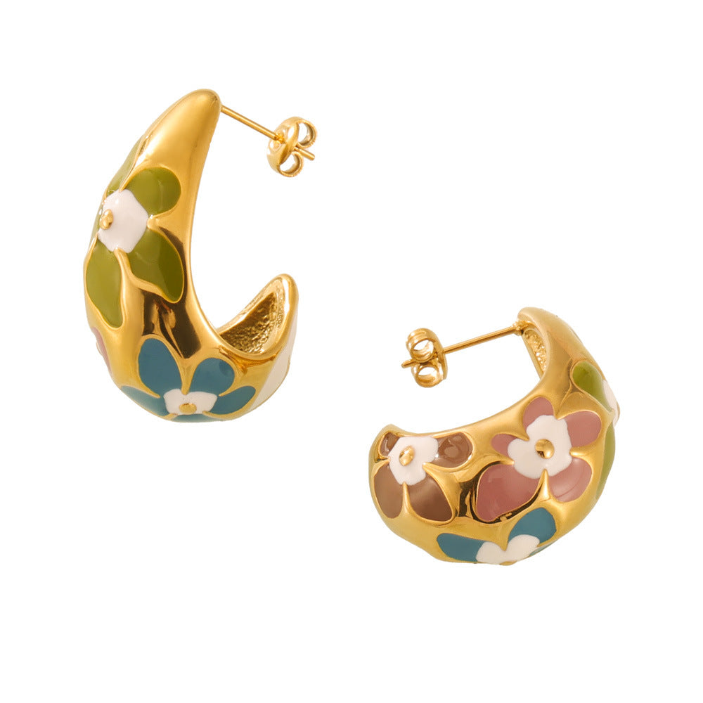 Korean Elegance Titanium Steel Gold-Plated Flower Earrings