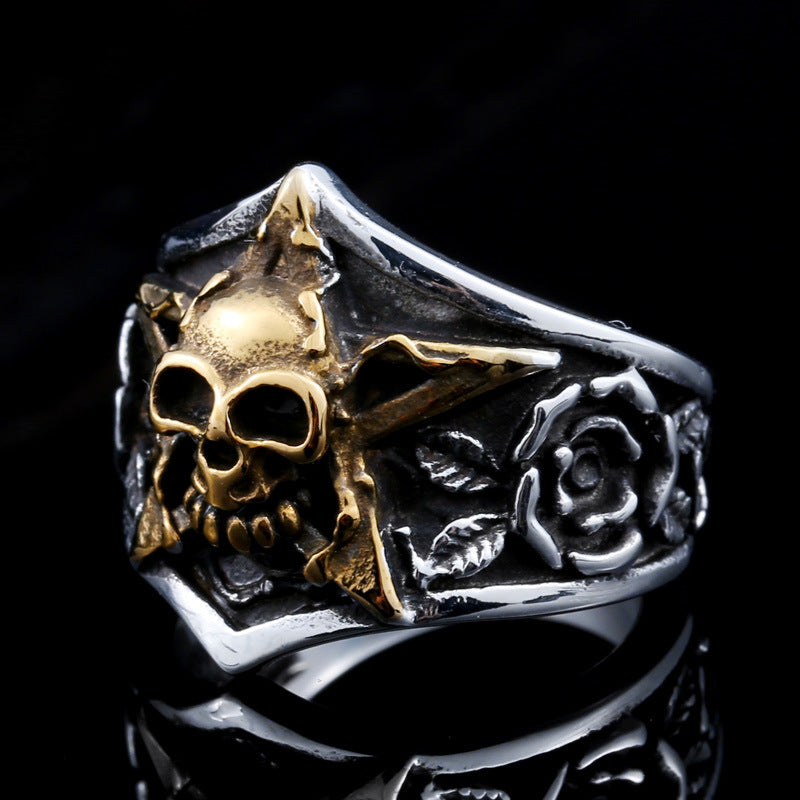 Retro Skull and Pentagram Men's Ring - Personalized Titanium Steel with Lace Detail