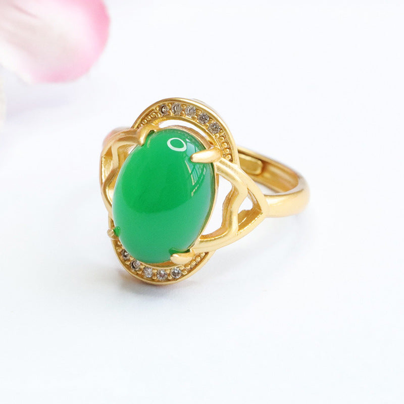 Golden Green Chalcedony Retro Finger Ring