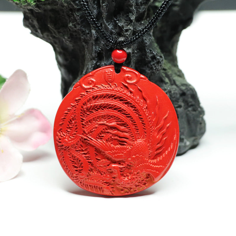 Phoenix Cinnabar Pendant with Red Sand Round Jewelry