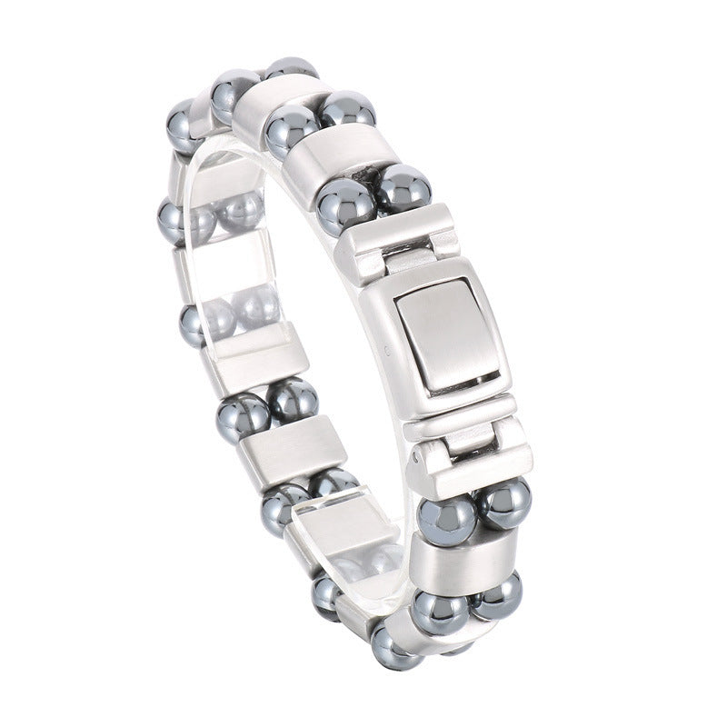 Stylish Double-Row Gray Iron Stone Bead Men's Bracelet in Stainless Steel