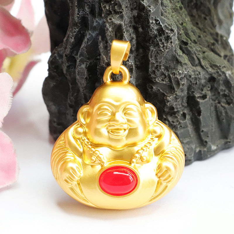 China-Chic Sterling Silver Maitreya Buddha Pendant with Natural Red Agate and Green Chalcedony