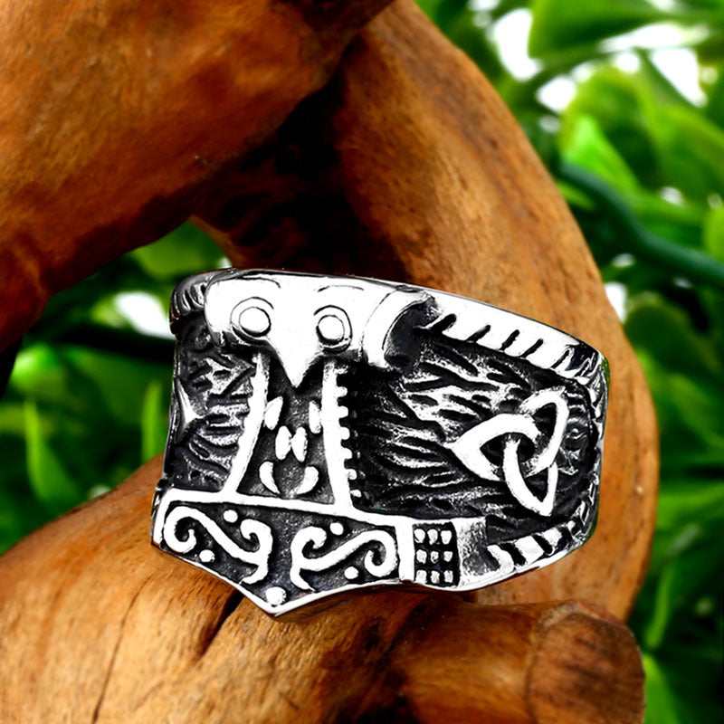 Mythical Warrior Viking Odin & Thor's Hammer Titanium Steel Ring for Men