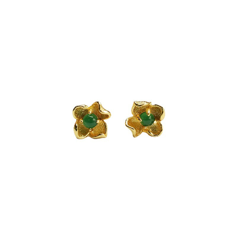 Green Jade Flower Sterling Silver Stud Earrings