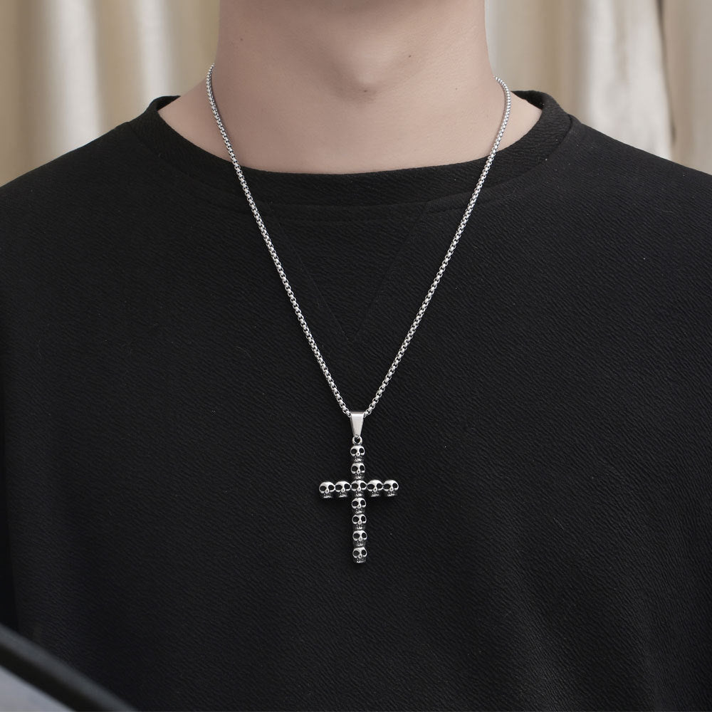 Rebellious Gothic Skull Cross Pendant Necklace for Men - Edgy Halloween Fashion Statement