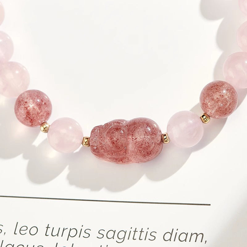 Strawberry Pink Crystal Pixiu Bracelet for Women - Sterling Silver Jewelry